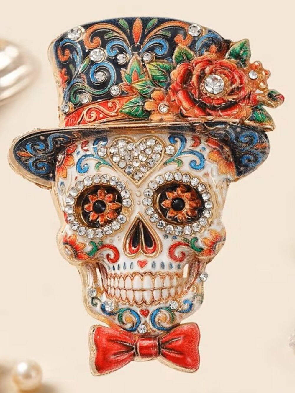 Mexican Day of the Dead Skull Enamel Brooch, Inlaid Rhinestone Skull Pin Z5